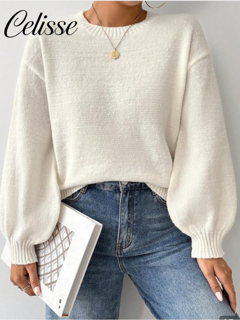 SHEIN Cream Ribbed Crewneck Knit Sweater